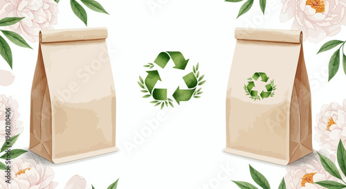 Eco-friendly paper bags with recycling symbol and floral accents