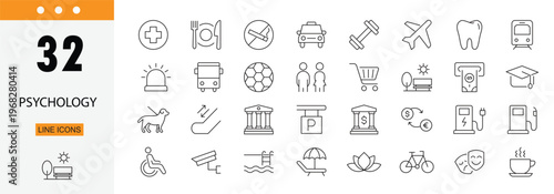 Psychology icons set representing mental health, brain, behavior, emotions, therapy, counseling, stress, thinking, personality and human mind concepts. Editable Stroke.