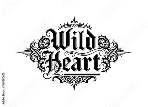 Wild Heart. lettering and all elements in black. Vector style. AWhite background. Pure white background. Perfect isolation and visual consistency.