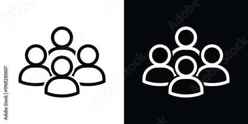 Minimalist vector icon of a community or group. Features four stylized human silhouettes in a balanced arrangement, representing teamwork, social networking, and collective leadership.