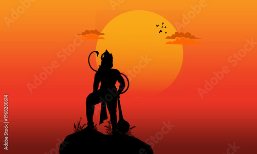 Lord Hanuman silhouette seated with gada on rocky hill at blazing sunset, devotional Hindu god vector background with birds and dramatic orange red sky