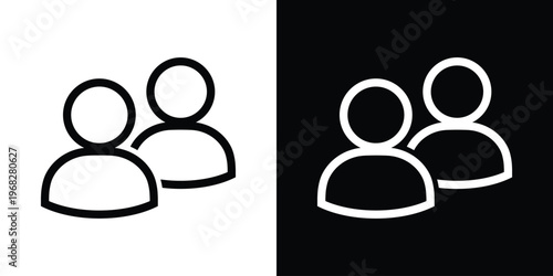 Minimalist vector icon of a community or group. Features two stylized human silhouettes in a balanced arrangement, representing teamwork, social networking, and collective leadership.