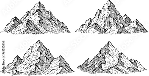 Detailed Hand Drawn Mountain Peaks in Black Ink White Background range summit