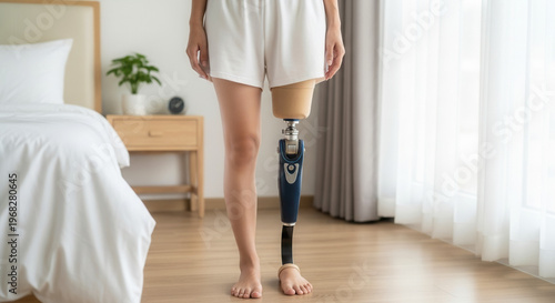 Asian woman with prosthetic leg standing in cozy bedroom, independence and confidence in everyday life