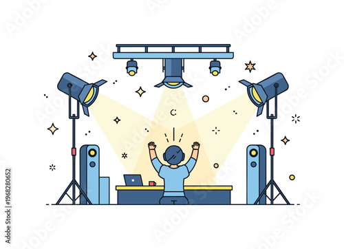 Stage props lighting setup scene where props are highlighted by spotlights while tiny sparkle and star icons emphasize dramatic effect, preparation, and
