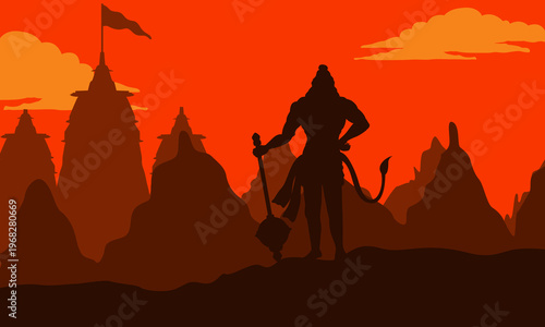 Lord Hanuman silhouette with gada before temple and mountain landscape at orange sunset, powerful devotional Hindu festival vector background for Hanuman Jayanti