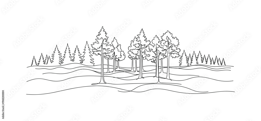 Obraz premium Forest Mystery. Minimalistic one-line drawing fog and shadows weaving between tall trees, continuous single black line on white background, simple outline