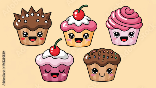 Cupcakes Galore: A delightful assortment of cute, cartoon-style cupcakes, each adorned with unique frosting and toppings, smiles invitingly.