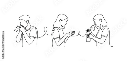Germ Spread Awareness. Minimalistic one-line drawing people coughing with droplets, and others using sanitizer, continuous single black line on white