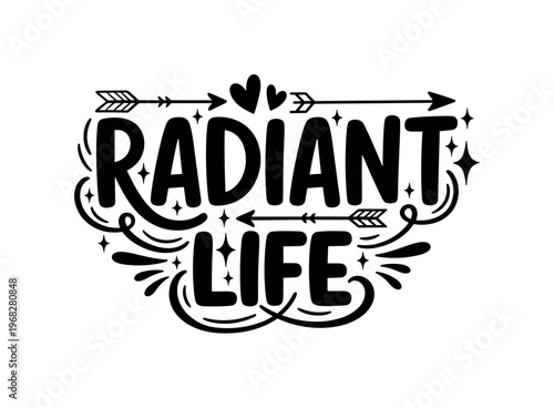 Radiant Life. lettering and all elements in black. Vector style. AWhite background. Pure white background. Perfect isolation and visual consistency. Bold