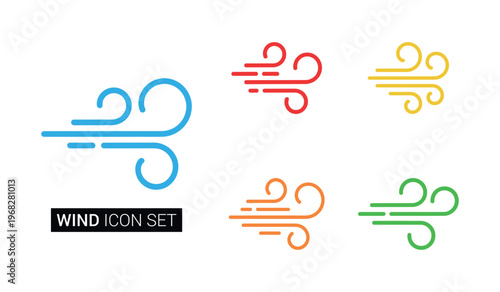 Vibrant colored wind icon set illustrating air movement and weather conditions