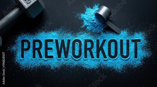 preworkout, supplement, fitness, gym, bodybuilding, energy, powder blue scoop and dumbbell on dark background for sports nutrition and muscle training performance motivation.