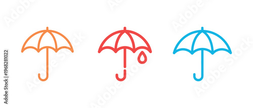 Three colorful umbrella line icons set representing weather and protection elements