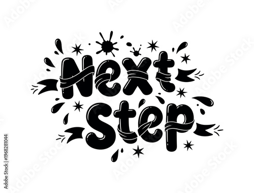 Next Step. lettering and all elements in black. Vector style. AWhite background. Pure white background. Perfect isolation and visual consistency. Funky