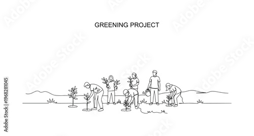Greening Project. Minimalistic one-line drawing volunteers arranging and planting young trees in field, continuous single black line on white background,