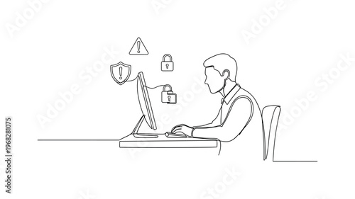 Data Privacy Concern. Minimalistic one-line drawing individual looking at computer with warning symbols for user data, continuous single black line on white
