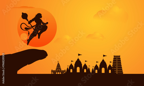 Silhouette of Lord Hanuman leaping from cliff at sunset with temple skyline, orange sun, and warm devotional horizon, dynamic Hanuman Jayanti vector background