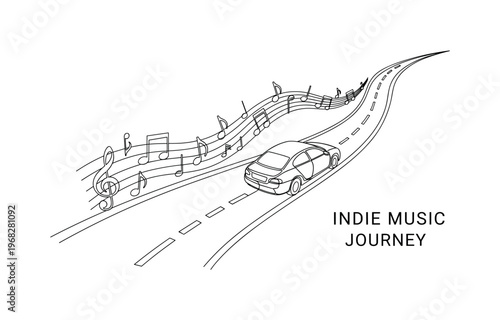 Indie Music Journey. Minimalistic one-line drawing car on winding road with musical symbols, continuous single black line on white background, simple outline