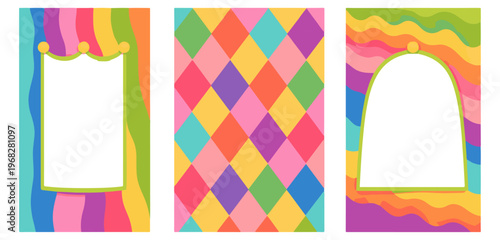 Retro psychedelic background set with rainbow waves and harlequin patterns, colorful groovy vertical frames for social media stories, vibrant 70s aesthetic vector illustrations for posters