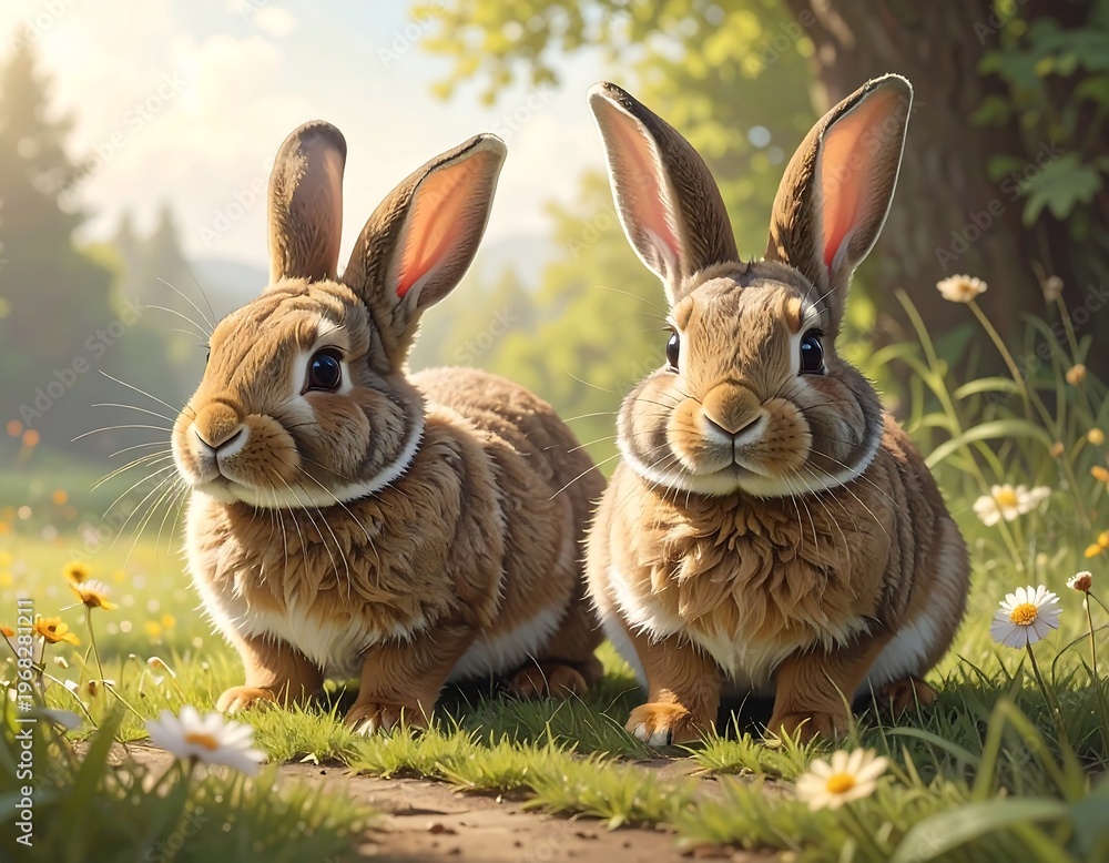 Fototapeta premium Two brown rabbits in a grassy field with flowers