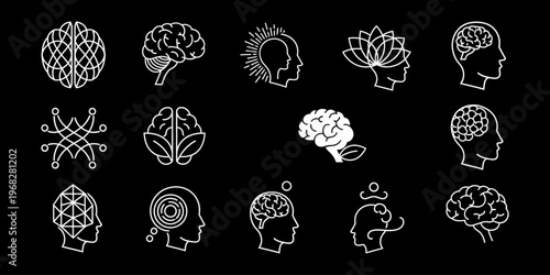 Set of minimalist mental health and psychology icons featuring white lines on a black background.