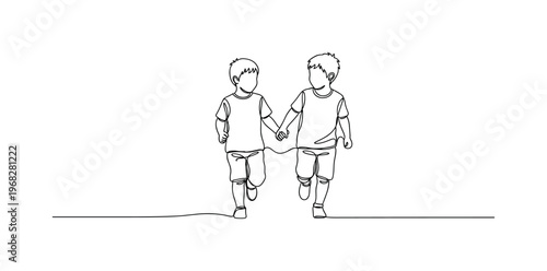 Siblings Playing. Minimalistic one-line drawing two children running and holding hands, continuous single black line on white background, simple outline style,