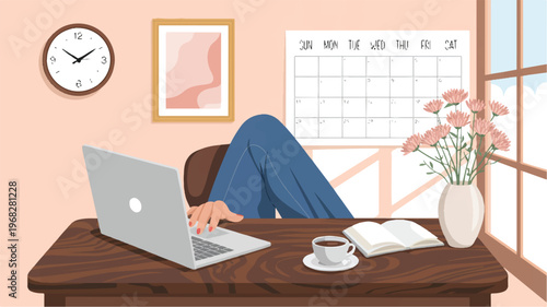 Work From Home: A digital art scene features a workspace with a laptop, calendar, book, coffee cup, clock, and flower vase in front of a window, evoking the essence of working from home.