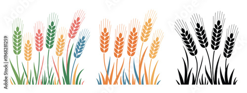 Barley, wheat, rye, and rice ears icon vector illustration, featuring harvest grain elements for beer logo design, growth rice stalk visuals, and cereal plant symbols, created with clean editable 