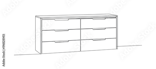 Concealed Handle Design. Minimalistic one-line drawing furniture with integrated hidden handles along drawer edges, continuous single black line on white