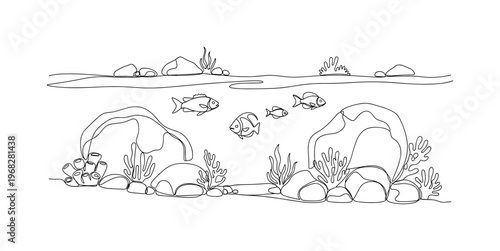 Seafloor Scene. Minimalistic one-line drawing rocks, fish, and small coral structures, continuous single black line on white background, simple outline style,