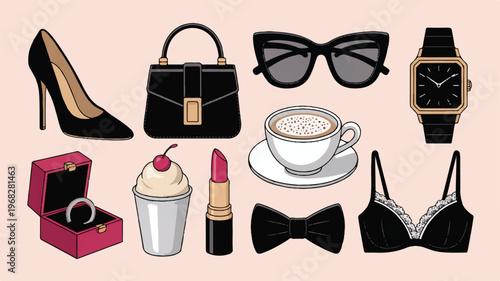 Glamour Essentials: A curated collection of sophisticated accessories and essentials, artfully arranged to capture the essence of style, luxury, and elegance. 