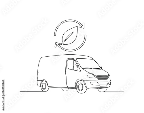 Sustainable Delivery. Minimalistic one-line drawing delivery van emitting minimal emissions with eco-symbol, continuous single black line on white background,