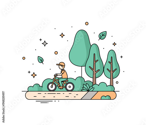 Tricycle ride forest path scene where a child pedals along a shaded trail while small sparkle and leaf icons emphasize nature connection, exploration, and