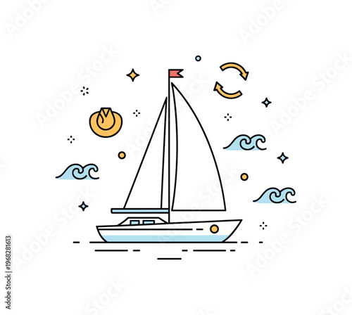 Sailing boat leisure afternoon scene where the boat floats gently while small sparkle and wave icons emphasize relaxation, recreation, and water enjoyment. The