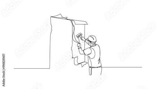 Interior Update. Minimalistic one-line drawing wall with partially removed wallpaper and person scraping, continuous single black line on white background,