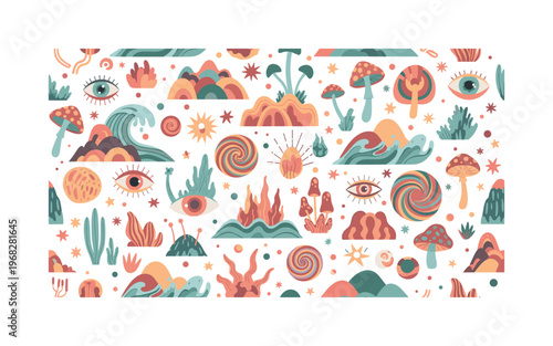 psychedelic landscapes patterns seamless pattern, repeating pattern, surface design, textile print, modern illustration of fractals, spirals, mushrooms, waves,