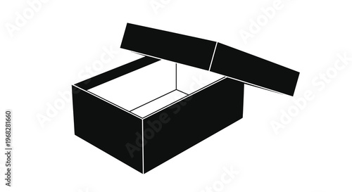 A minimalist black and white illustration depicts an open rectangular box with a lid high quality