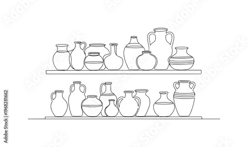 Pottery Shelf Display. Minimalistic one-line drawing decorative ceramic pots on shelf or console, continuous single black line on white background, simple