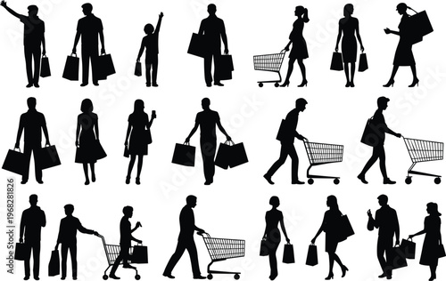 A large collection of diverse shopper silhouettes featuring men and women with shopping bags and carts representing retail therapy consumerism discount sales and commercial marketing.