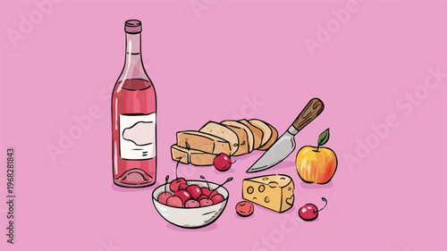 Wine and Cheese Appetizers: A sophisticated illustration showcases a still life of wine, cheese, fruit and bread, arranged artfully for an evening of delight and culinary enjoyment.