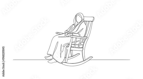 Cozy Corner. Minimalistic one-line drawing person reading in comfortable chair with soft blanket, continuous single black line on white background, simple