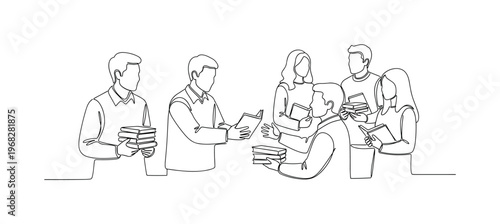 Book Exchange. Minimalistic one-line drawing group of people swapping books while talking, continuous single black line on white background, simple outline
