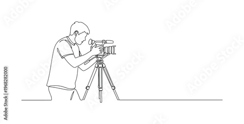 Video Recording. Minimalistic one-line drawing person filming with handheld camera and tripod setup, continuous single black line on white background, simple