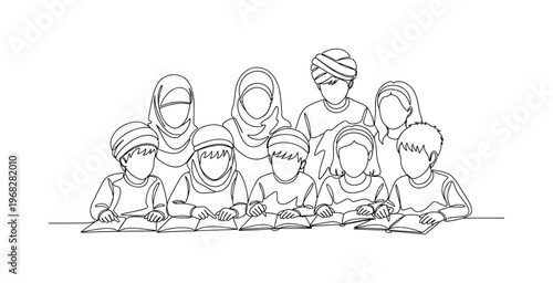 Diversity in Education. Minimalistic one-line drawing children from multiple backgrounds studying together, continuous single black line on white background,