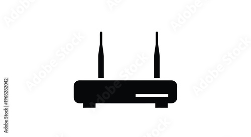 A simple black silhouette illustration depicting a wireless router with two antennas high quality professional detailed