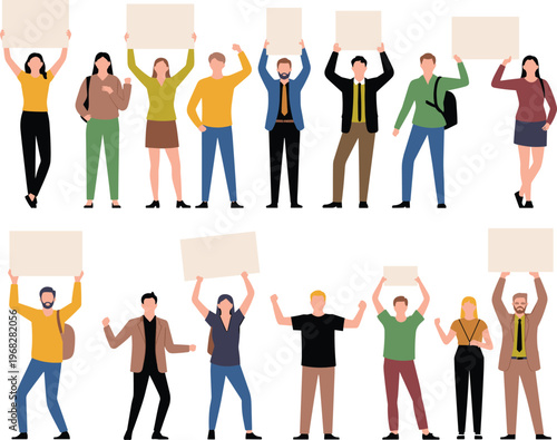 A large collection of diverse flat vector people characters holding blank protest signs and placards representing activism community demonstration and social movement for creative designs.