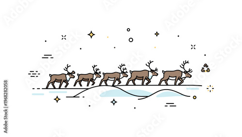 Siberia reindeer migration scene where a herd crosses frozen plains while small sparkle and line icons emphasize movement, adaptation, and natural rhythm. The