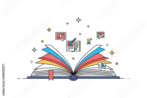 Hardcover book art and illustration scene where an open hardcover book displays colorful pages while tiny sparkle and star icons highlight creativity, design,