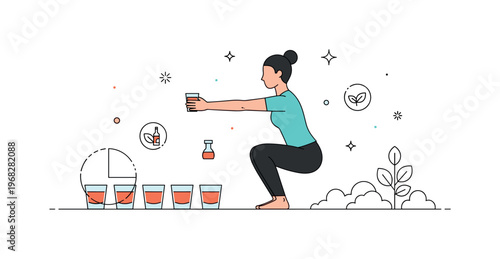 Squat mindful squat meditation concept where a person performs slow bodyweight squats outdoors while tiny sparkle and leaf icons highlight wellness, focus, and