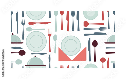 restaurant patterns seamless pattern, repeating pattern, surface design, textile print, modern illustration of forks, knives, spoons, serving utensils, plates